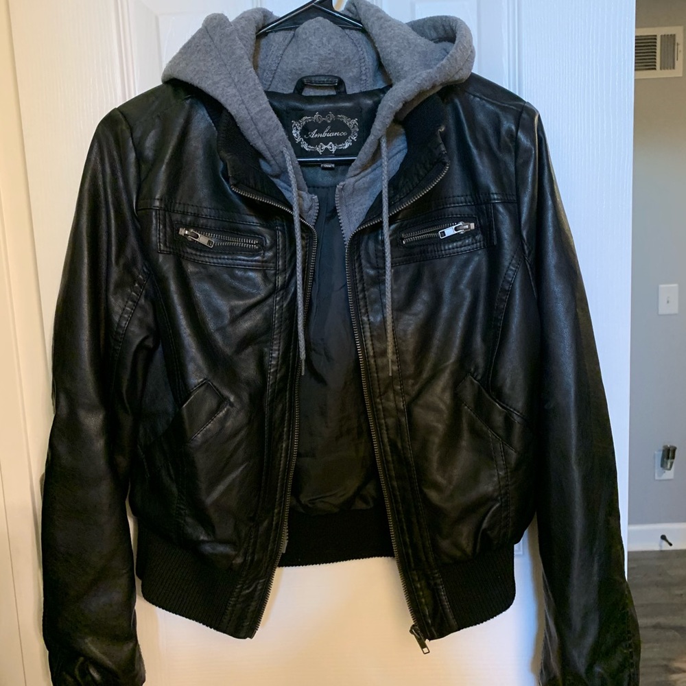 Black leather Jacket with gray hoodie